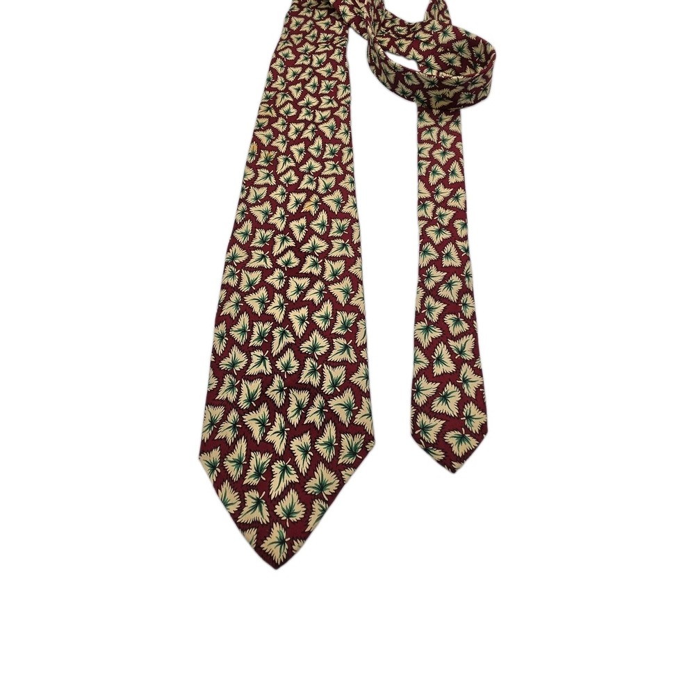 Vintage Abercrombie Fitch Tie Mens Red W/Green Gold Leaves 100% Silk Made In USA